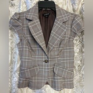 A. Byer Brown Tan White Turquoise Plaid Fitted Blazer Vest